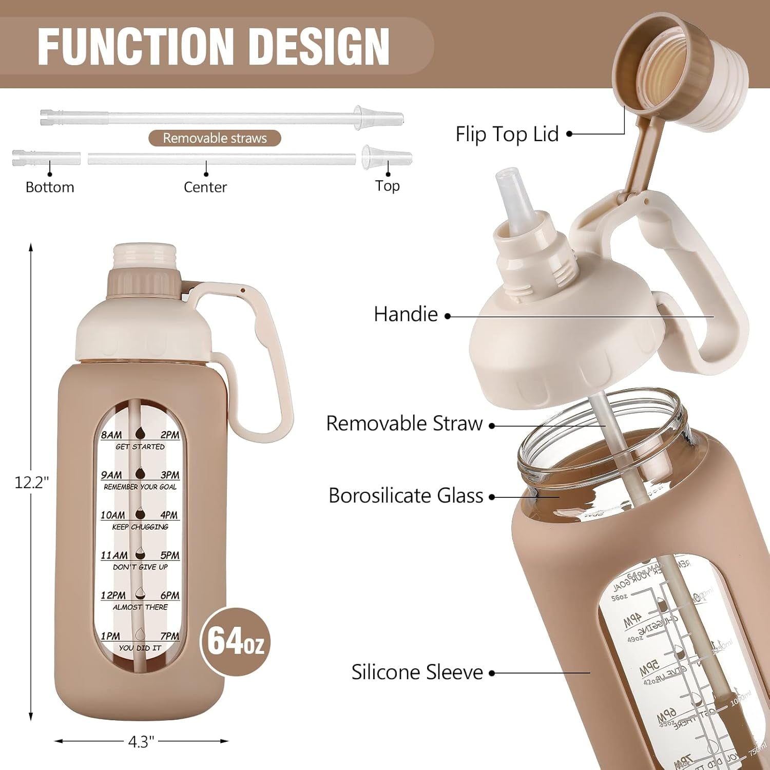 64Oz Motivational Glass Water Bottle with Time Marker, Straw, and Silicone Sleeves