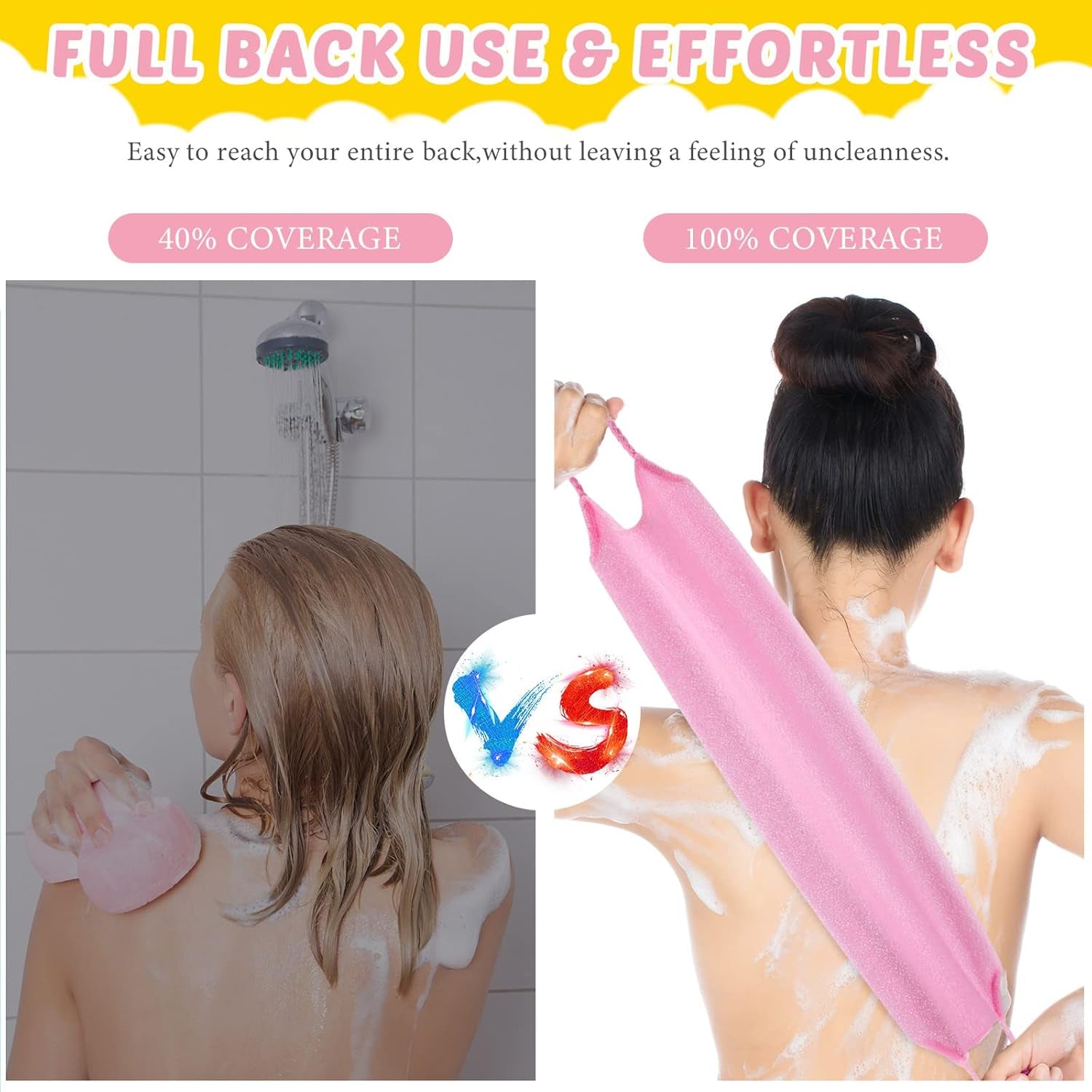 Exfoliating Back Scrubber with Handles | Set of 8 Shower Bath Gloves 4 Pairs Scrub Stretchable Pull Strap Washcloth | Pink, Purple, Blue, Green