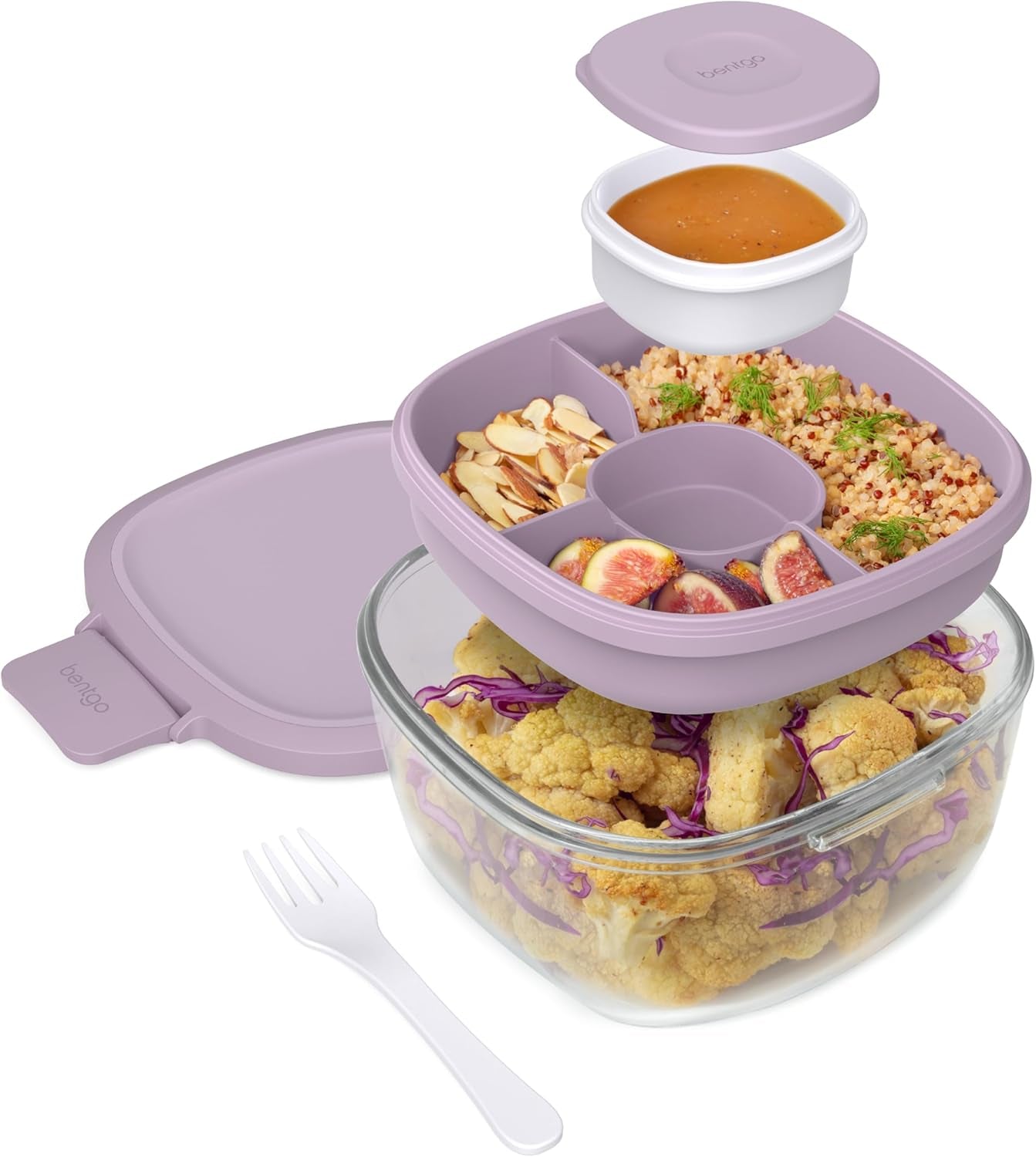 MEAL PREP PRO Glass All-In-One Salad Container | Large 61Oz Salad Bowl with Lid, 4-Compartment Bento-Style Tray, 3-Oz Sauce Container, and Reusable Fork | Dishwasher, Microwave, and Oven Safe