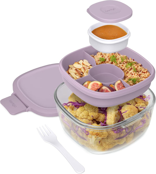 MEAL PREP PRO Glass All-In-One Salad Container | Large 61Oz Salad Bowl with Lid, 4-Compartment Bento-Style Tray, 3-Oz Sauce Container, and Reusable Fork | Dishwasher, Microwave, and Oven Safe