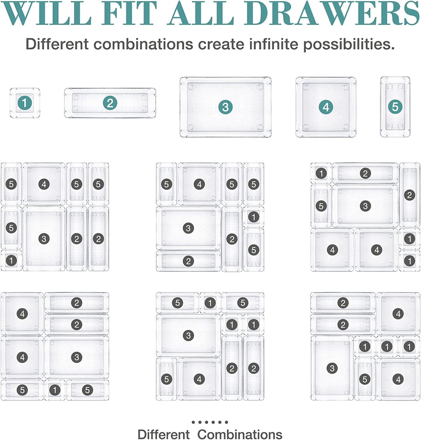 THE SMALL WINS MATTER 16 PCS Drawer Organizer Set | 5 Varied Size Bathroom and Kitchen Drawer Cabinet Organizer Trays | Clear Storage Bins for Makeup, Jewelry, Utensils and Gadgets