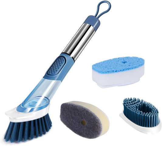 HABIT STACKING 101 Dispensing Kitchen And Bathroom Brush | Smart Kitchen & Shower Cleaner | 3 Replaceable Cleaning Heads | Soap Bristle Dishwashing Brush with Stainless Steel Handle