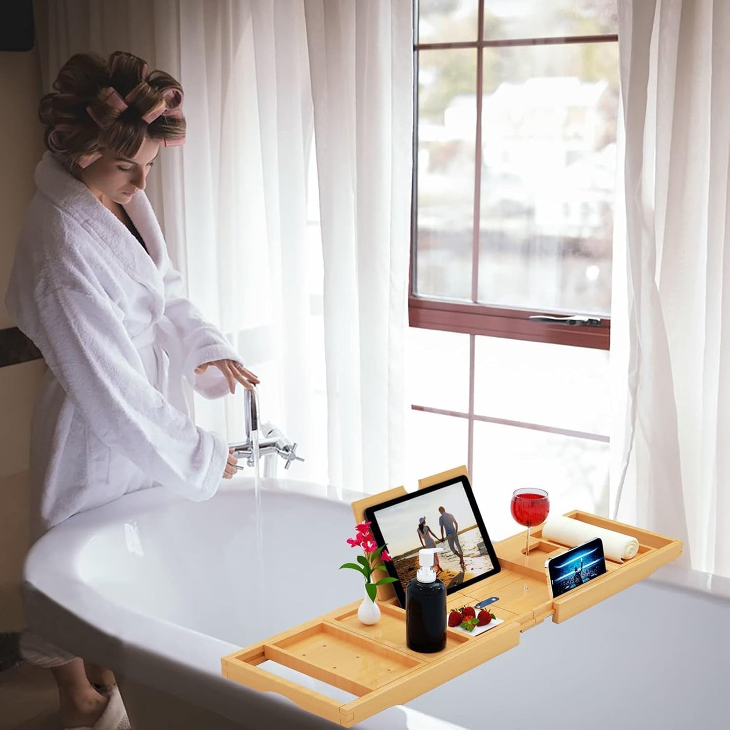 ONE OF THOSE DAYS Premium Bathtub Tray Caddy - Bamboo - Expandable Size, Fits Most Bath Tubs