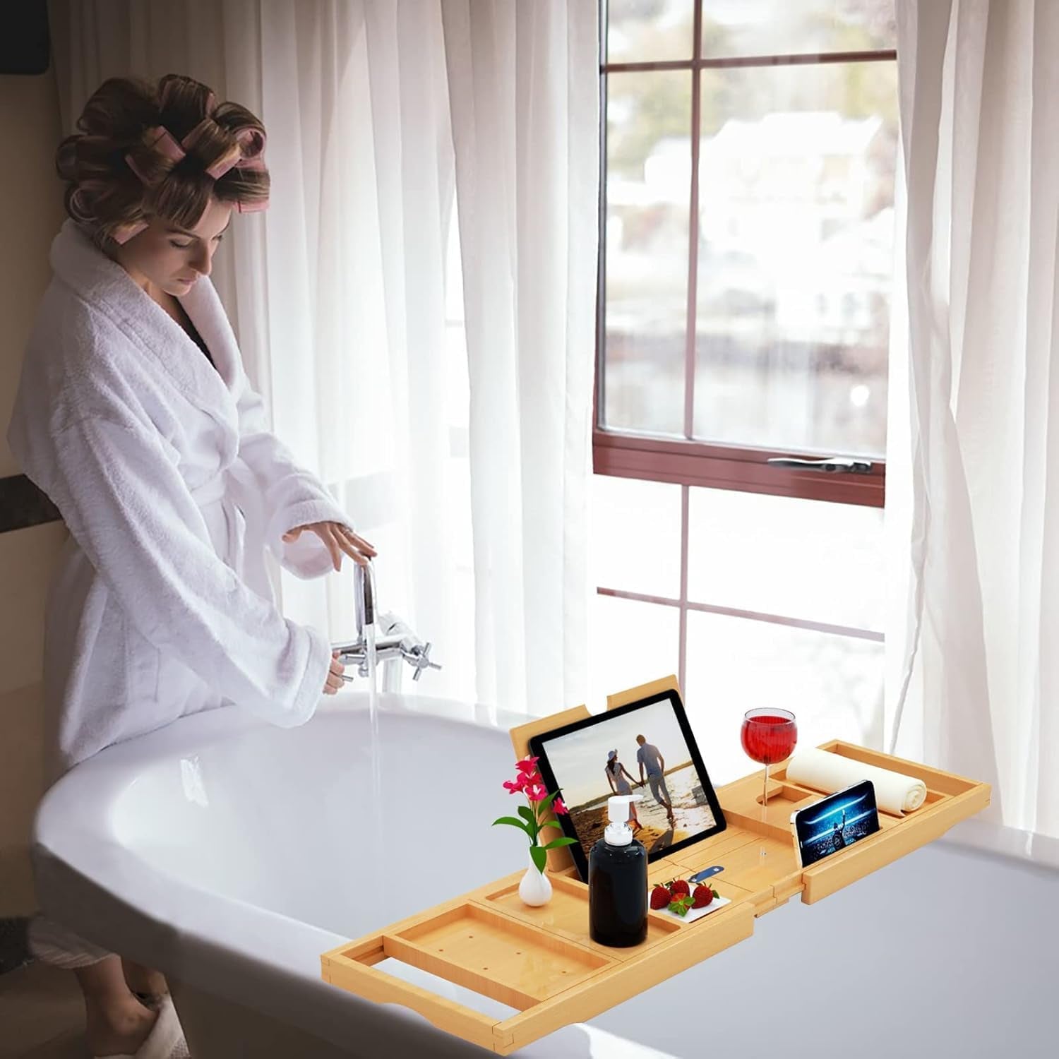 ONE OF THOSE DAYS Premium Bathtub Tray Caddy - Bamboo - Expandable Size, Fits Most Bath Tubs