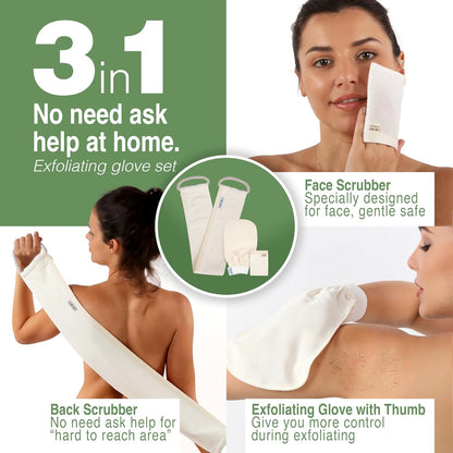 MAINTAIN THE MAINTENANCE ROUTINE Set of Exfoliating Glove, Face Scrubber & Back Scrubber for Shower | 100% Vegan Viscose Exfoliating Body Scrubber, Bath Hammam Kese & Spa Mitt