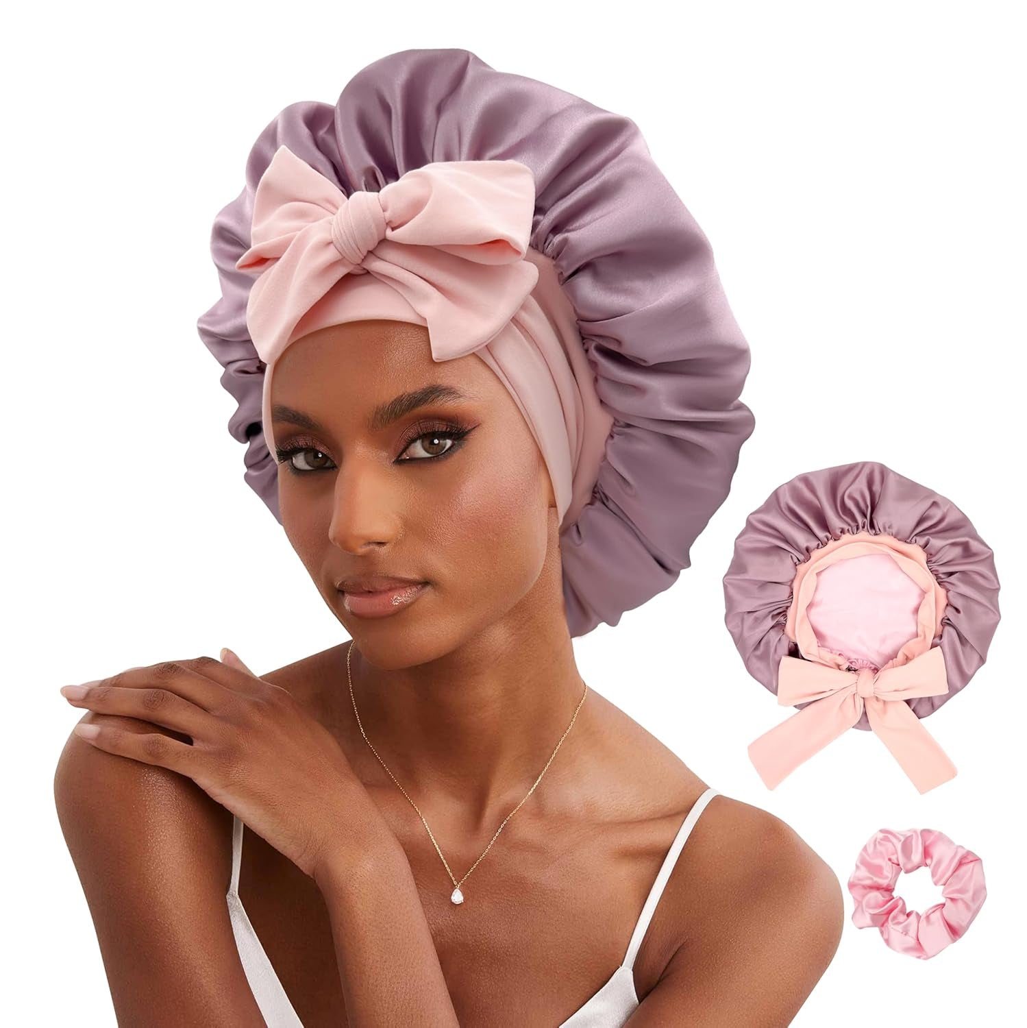 Reversible Double Layer Satin Hair Bonnet with Tie Band for Natural Hair (Includes Scrunchie)