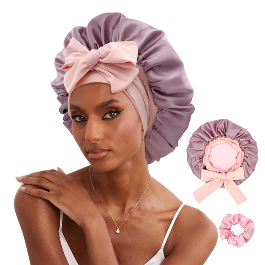 Reversible Double Layer Satin Hair Bonnet with Tie Band for Natural Hair (Includes Scrunchie)