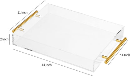 CLUTTER WHERE, CLUTTER BEWARE Clear Acrylic Tray with Metal Handles - No Need to Assemble -11X14 Inch - Decorative Storage Organizer with Spill-Proof Design