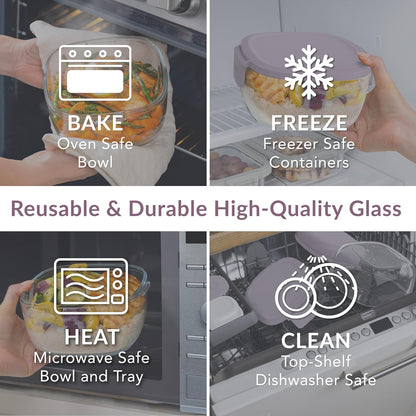 MEAL PREP PRO Glass All-In-One Salad Container | Large 61Oz Salad Bowl with Lid, 4-Compartment Bento-Style Tray, 3-Oz Sauce Container, and Reusable Fork | Dishwasher, Microwave, and Oven Safe