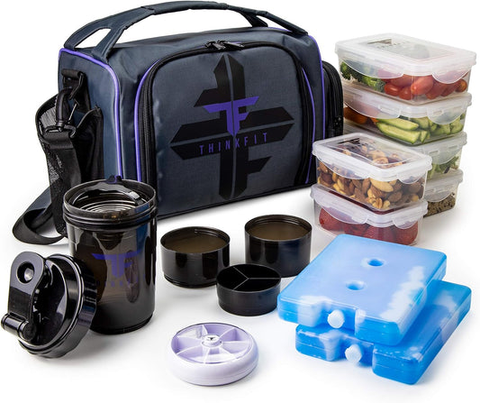 TAKE THE GUESS WORK OUT Insulated Meal Prep Lunch Box | 6 Food Portion Control Containers | Bpa-Free, Reusable, Microwavable, Freezer Safe | Includes Shaker Cup, Pill Organizer, Shoulder Strap & Side Pocket