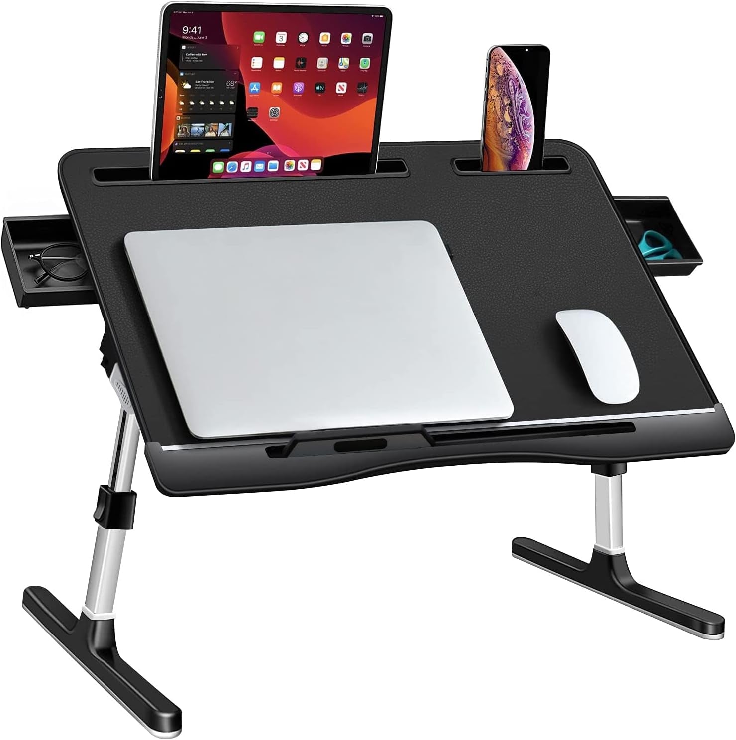 GET THAT POSTURE RIGHT [Luxury PVC Leather] Adjustable Laptop Desk for Bed | Foldable Lap Desk for Laptop with 2 Drawers | Multifunctional Laptop Stand Table for Working, Eating, Writing, Gaming, Drawing