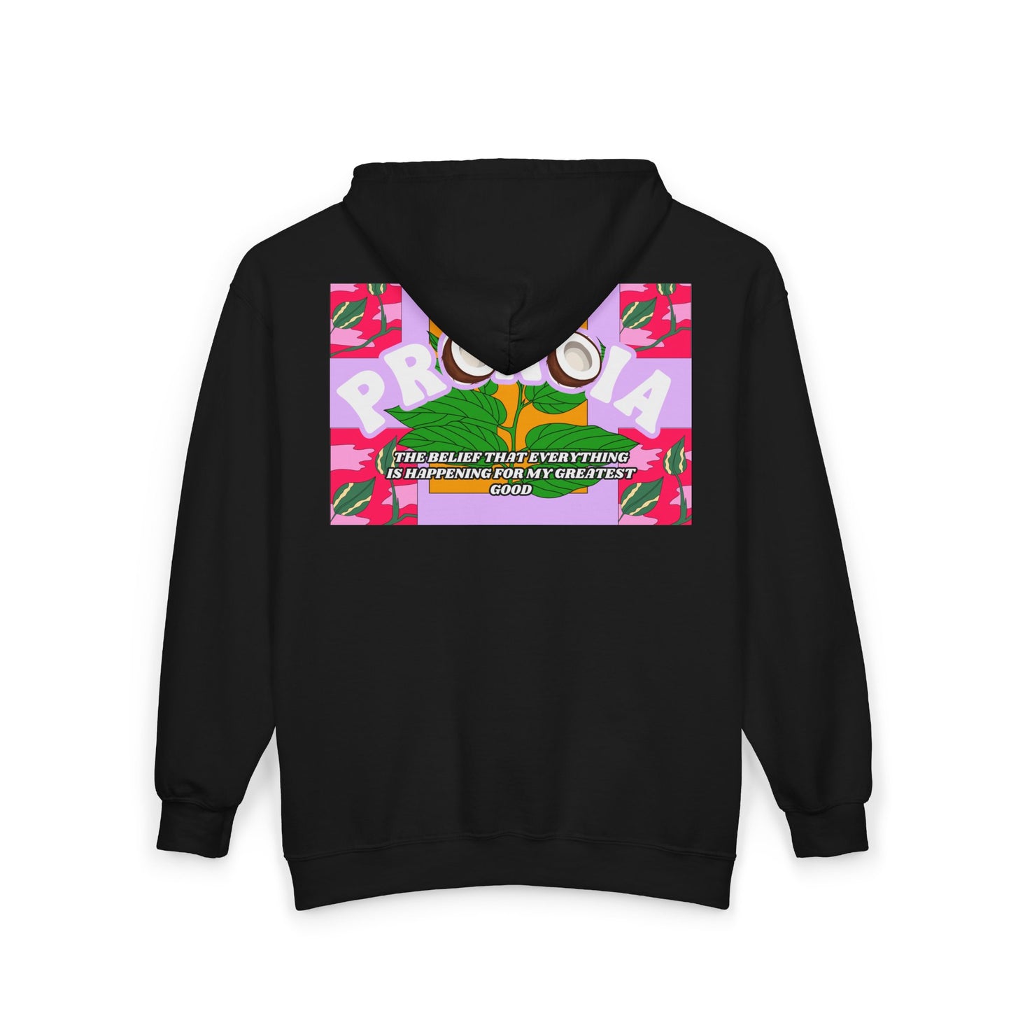 Pronoia Tropical Zip Hoodie — Positive Affirmation Retro Pop Graphic Full-Zip Sweatshirt