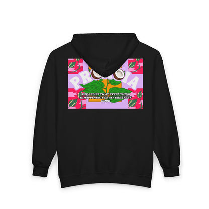 Pronoia Tropical Zip Hoodie — Positive Affirmation Retro Pop Graphic Full-Zip Sweatshirt