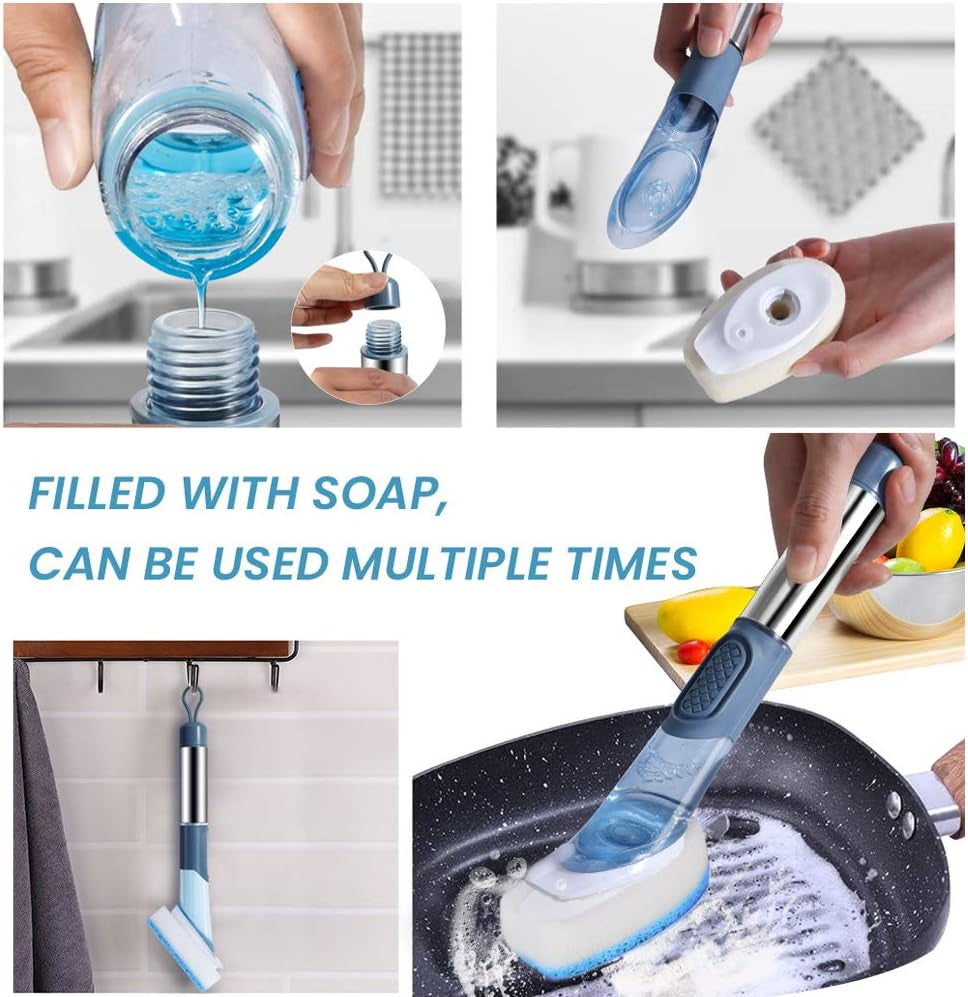 HABIT STACKING 101 Dispensing Kitchen And Bathroom Brush | Smart Kitchen & Shower Cleaner | 3 Replaceable Cleaning Heads | Soap Bristle Dishwashing Brush with Stainless Steel Handle