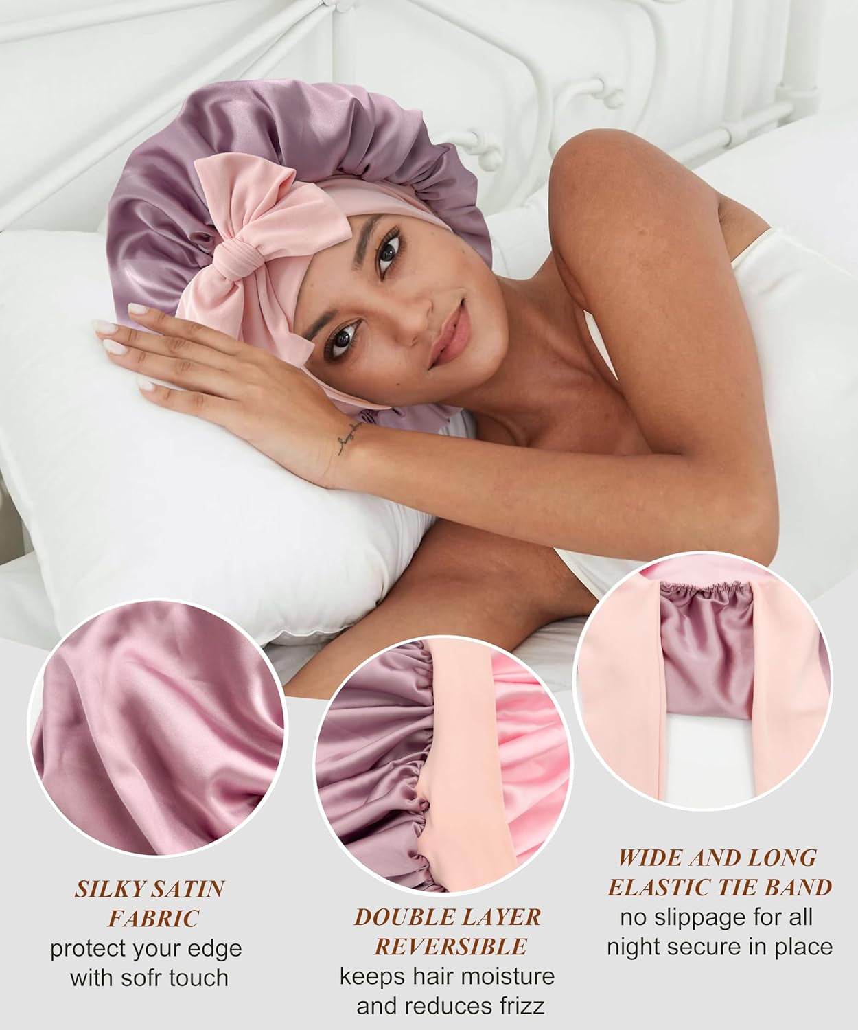 Reversible Double Layer Satin Hair Bonnet with Tie Band for Natural Hair (Includes Scrunchie)