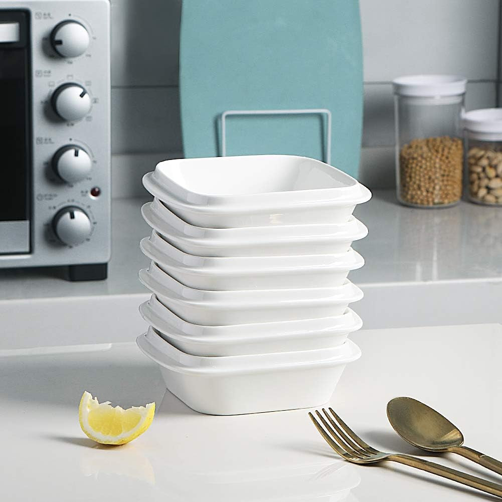 YOU, A WHOLE CHEF, Porcelain 10Oz Square Ramekins (SET of 6) with Handle for Baking, Souffle Dishes, Sauce Dishes, Dipping Bowls Stackable