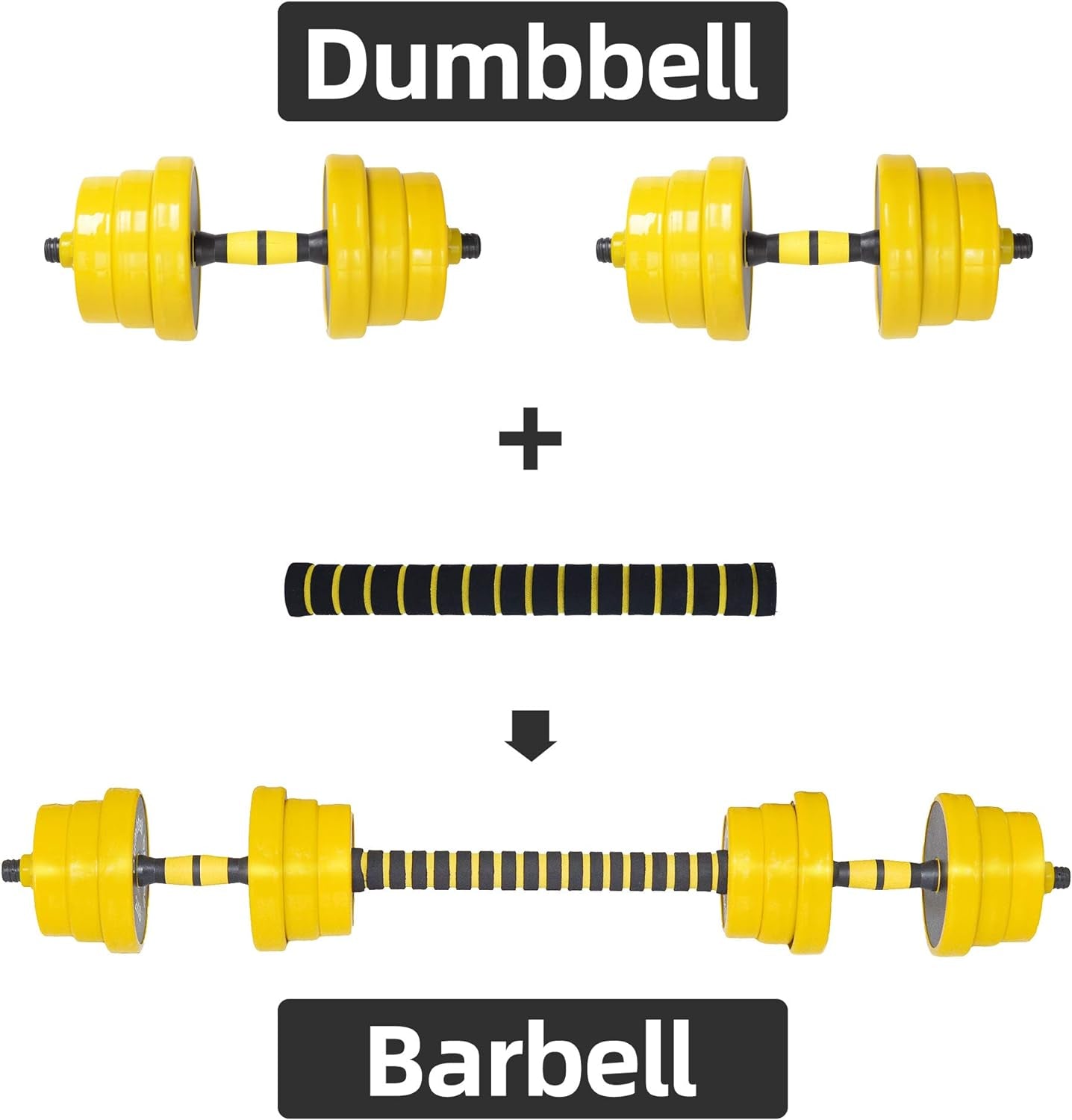 NO EXCUSES Adjustable DUMBBELLS TO BARBELL Weight Set, 20-40-50-70LB 3-In-1 Set, Non-Slip, All-Purpose