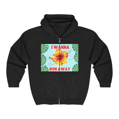 Run Away Floral Zip Hoodie — 'I Wanna Run Away' Tropical Hibiscus Jacket