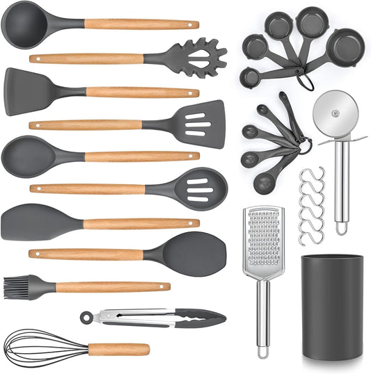 MEAL PREP BASICS 30 PCS Silicone Cooking Utensils Set with Organizer | Silicone Kitchen Essential Utensil Set with Wooden Handle | Kitchen Cookware Tools Heat Resistant