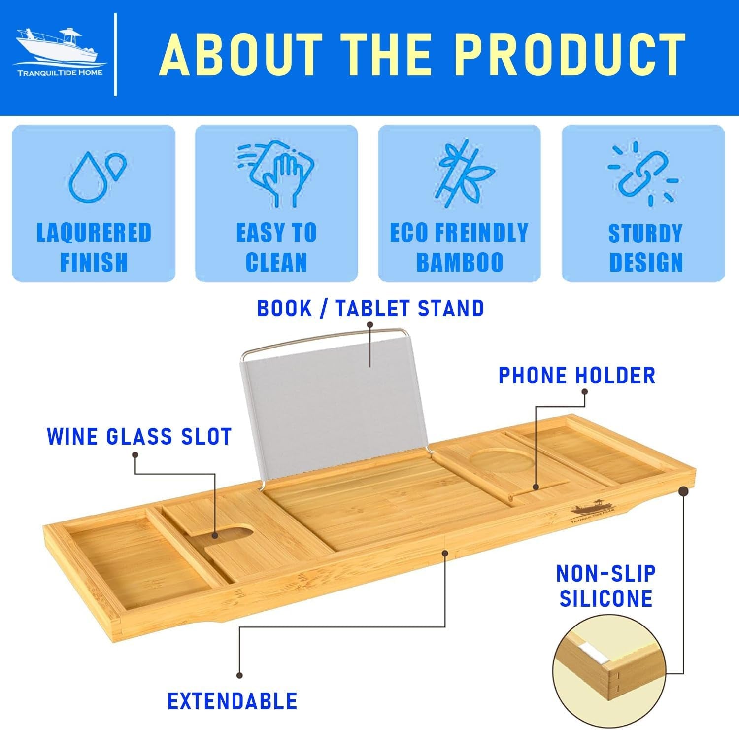 LET IT ALL MELT AWAY Foldable Bathtub Tray Expandable to 109Cm with Bath Bomb, Scented Candle, and Adjustable | Waterproof Bamboo Bathtub Caddy with anti Slip Grip Pads for Home Spa