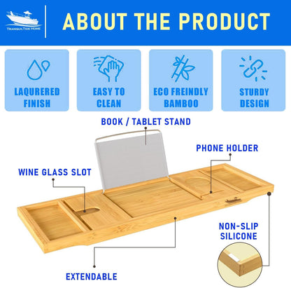 LET IT ALL MELT AWAY Foldable Bathtub Tray Expandable to 109Cm with Bath Bomb, Scented Candle, and Adjustable | Waterproof Bamboo Bathtub Caddy with anti Slip Grip Pads for Home Spa