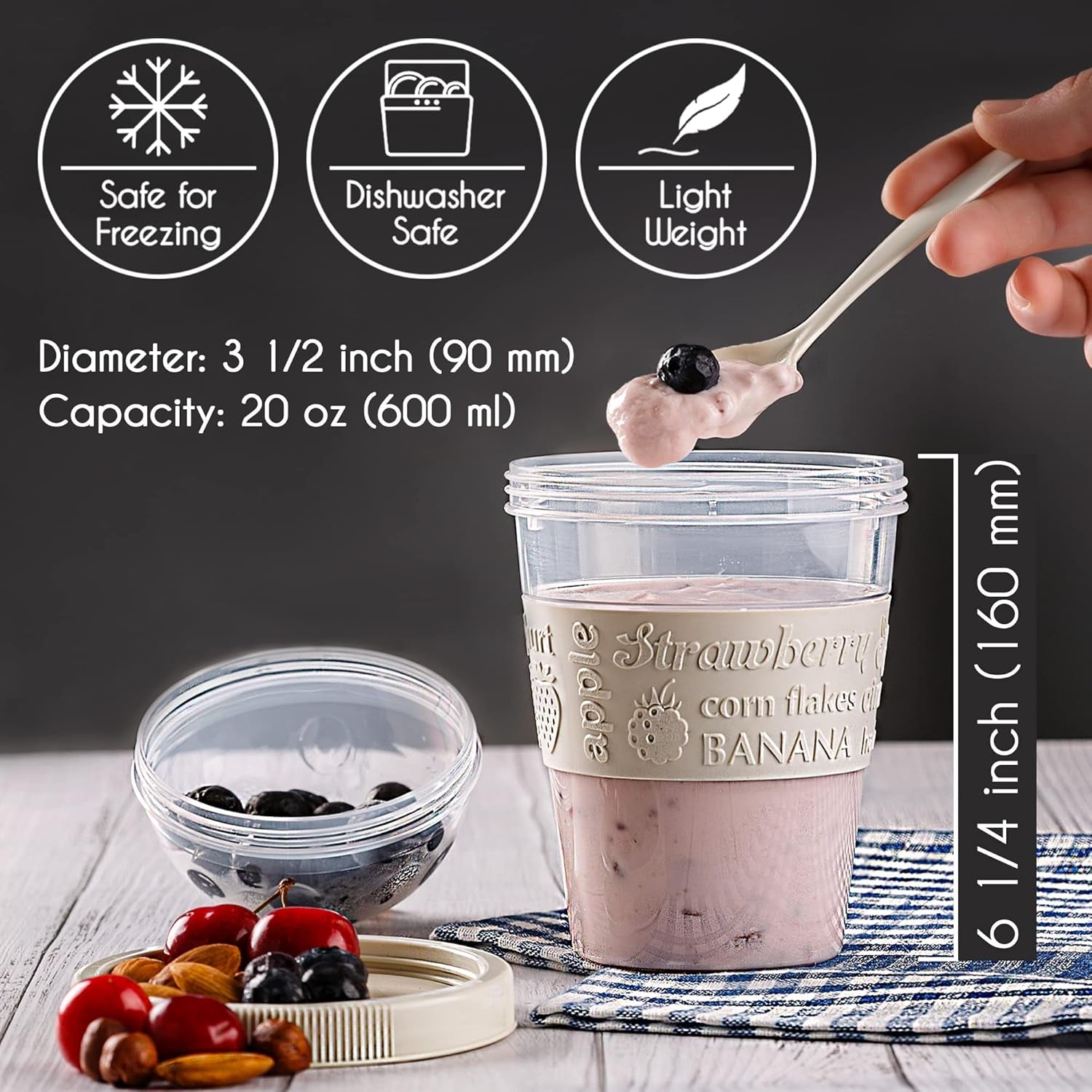MEAL PREP BASICS ~ Yogurt Parfait Cups for Breakfast, Oatmeal or Fruit Container, Snack Bowl and Spoon for Lunch Box, Portable & Reusable, 2 Pcs (Red & Cream)