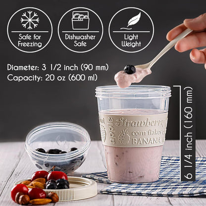 MEAL PREP BASICS ~ Yogurt Parfait Cups for Breakfast, Oatmeal or Fruit Container, Snack Bowl and Spoon for Lunch Box, Portable & Reusable, 2 Pcs (Red & Cream)