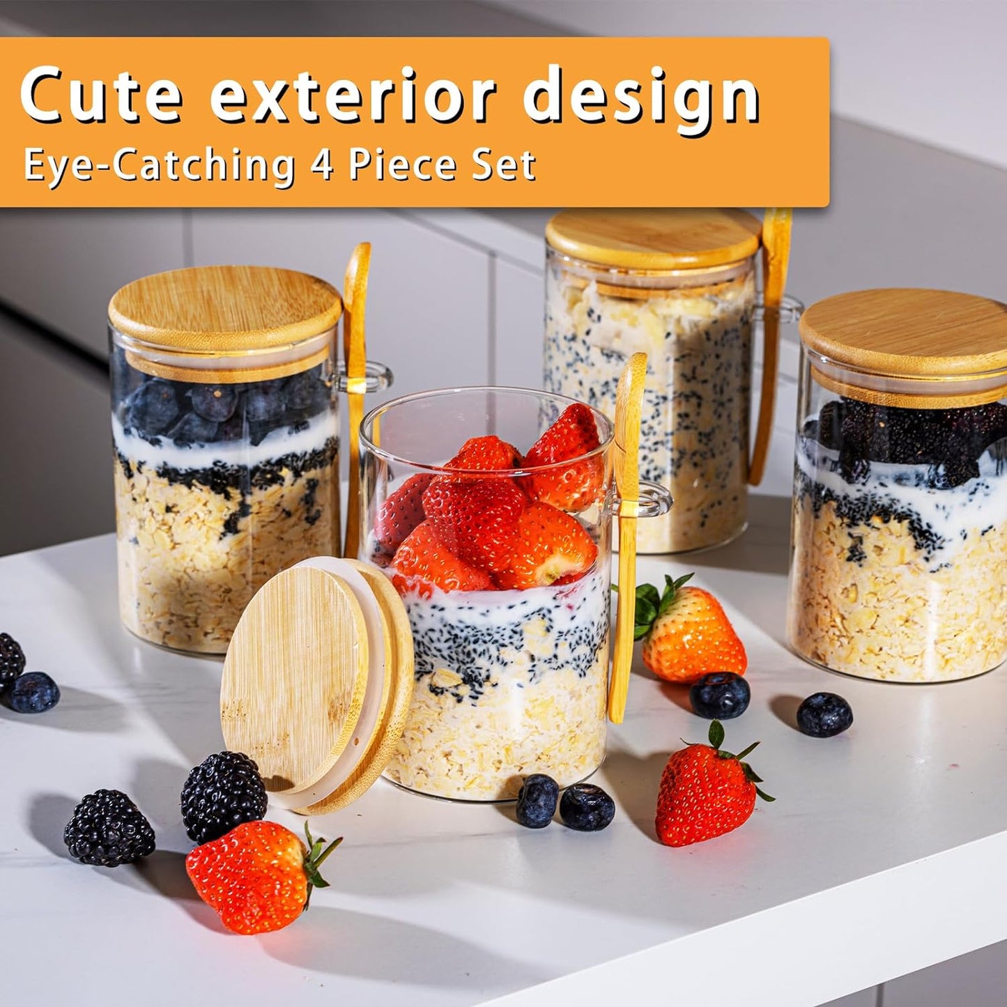 MEAL PREP BASICS ~ Overnight Oats Containers with Lids,16Oz Overnight Oats Jars 4 Pack, Oatmeal Cups,Meal Prep Containers,Glass Meal Prep Containers with Lids,China Pudding Jars