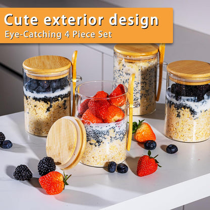 MEAL PREP BASICS ~ Overnight Oats Containers with Lids,16Oz Overnight Oats Jars 4 Pack, Oatmeal Cups,Meal Prep Containers,Glass Meal Prep Containers with Lids,China Pudding Jars