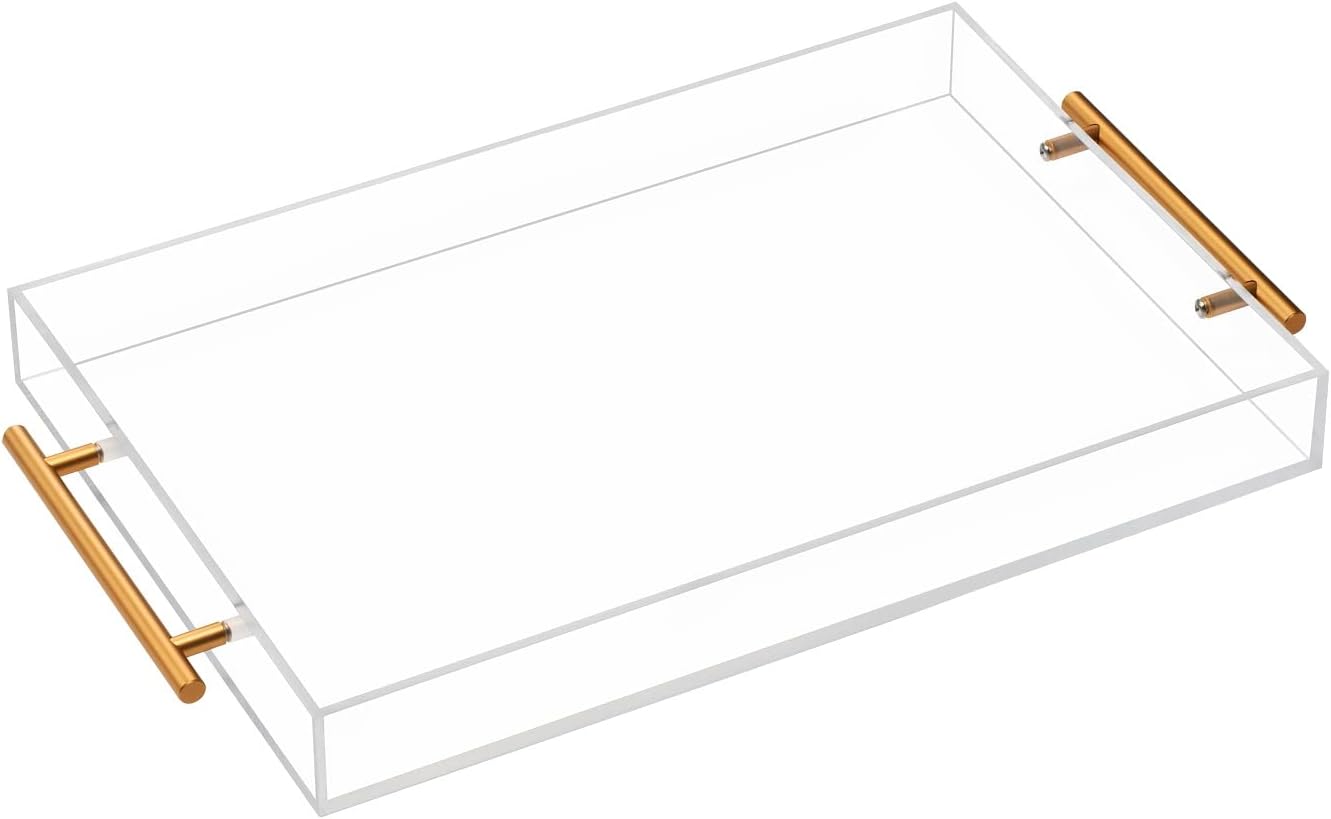 CLUTTER WHERE, CLUTTER BEWARE Clear Acrylic Tray with Metal Handles - No Need to Assemble -11X14 Inch - Decorative Storage Organizer with Spill-Proof Design