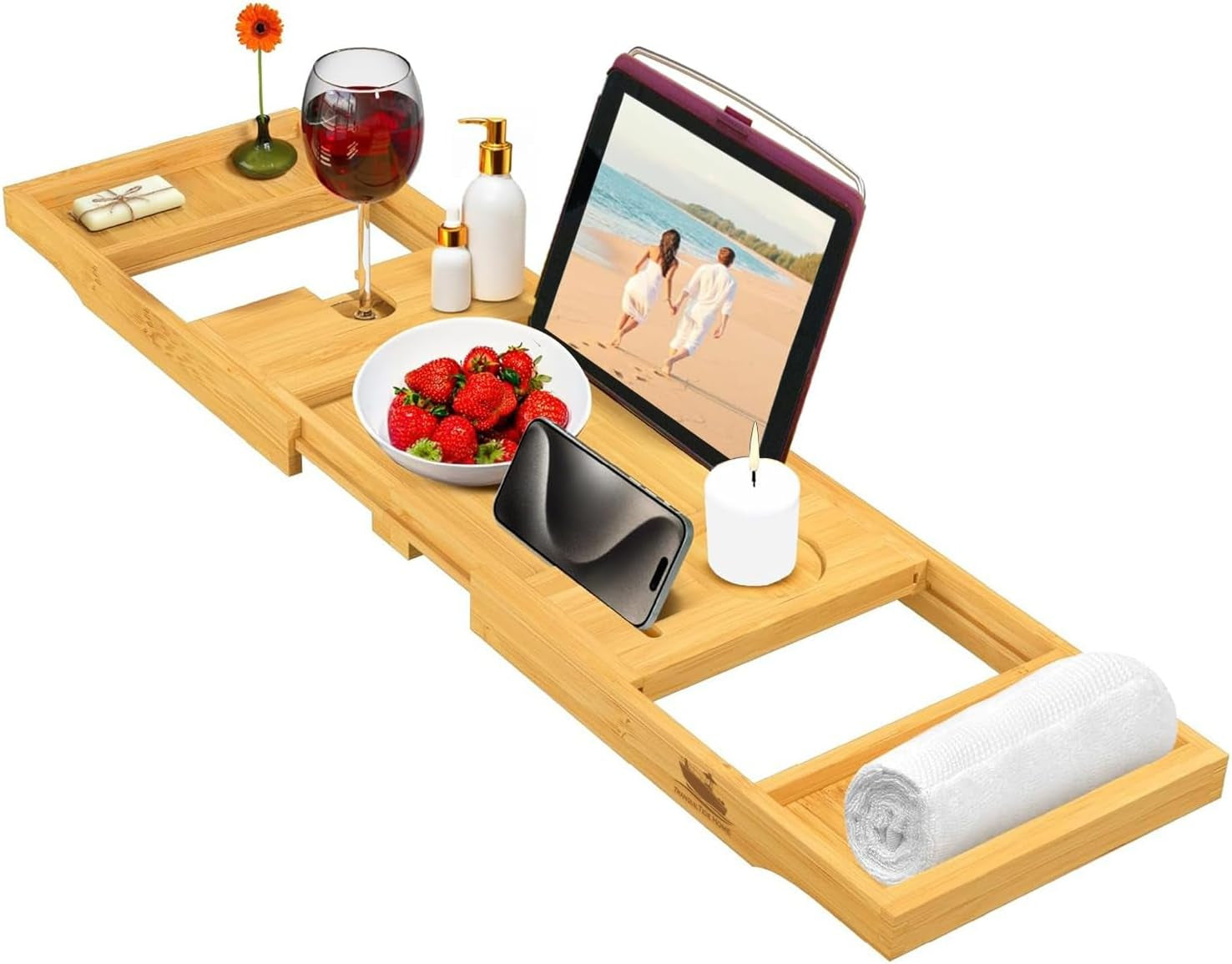 LET IT ALL MELT AWAY Foldable Bathtub Tray Expandable to 109Cm with Bath Bomb, Scented Candle, and Adjustable | Waterproof Bamboo Bathtub Caddy with anti Slip Grip Pads for Home Spa