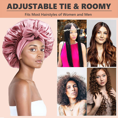 Satin Bonnet with security loop, 3 Scrunchies, Double Layer, (Natural Hair, Braids, Long Hair) 