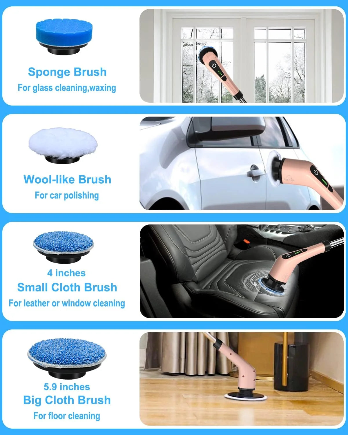 ELEVATE THE CLUTTER ~ Electric Spin Scrubber, Bathroom Cleaning Brush, Pink Power Shower Scrubber with 7 Replaceable Brush Heads, 3 Adjustable Handle for Bathroom, Tub, Tile, Floor, Glass, Car