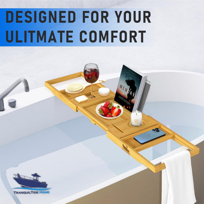 LET IT ALL MELT AWAY Foldable Bathtub Tray Expandable to 109Cm with Bath Bomb, Scented Candle, and Adjustable | Waterproof Bamboo Bathtub Caddy with anti Slip Grip Pads for Home Spa