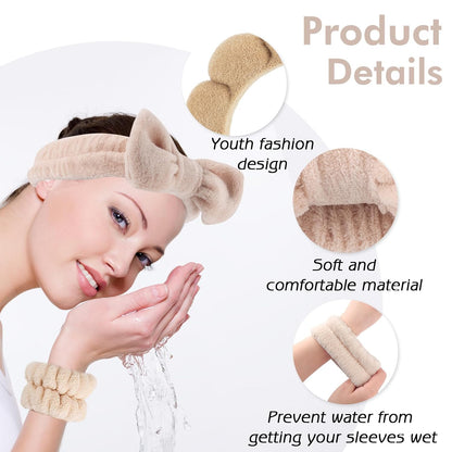 NO MORE DROPLETS 4Pcs Spa Headband for Washing Face | Wristbands Set Bubble Skincare Terry Cloth Padded, Puffy Headband, Bow Tie Hairband | Cute Non Slip Thick Hair Accessory