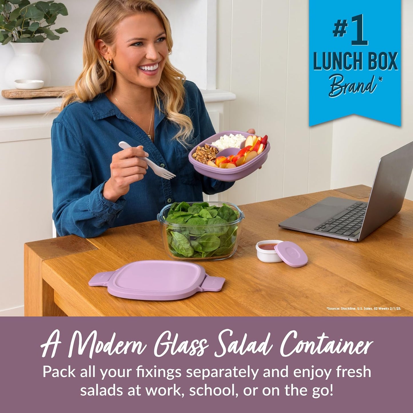 MEAL PREP PRO Glass All-In-One Salad Container | Large 61Oz Salad Bowl with Lid, 4-Compartment Bento-Style Tray, 3-Oz Sauce Container, and Reusable Fork | Dishwasher, Microwave, and Oven Safe