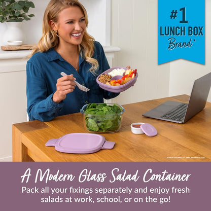 MEAL PREP PRO Glass All-In-One Salad Container | Large 61Oz Salad Bowl with Lid, 4-Compartment Bento-Style Tray, 3-Oz Sauce Container, and Reusable Fork | Dishwasher, Microwave, and Oven Safe