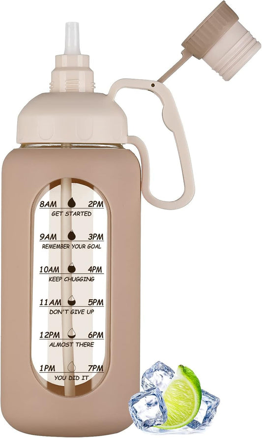 64Oz Motivational Glass Water Bottle with Time Marker, Straw, and Silicone Sleeves