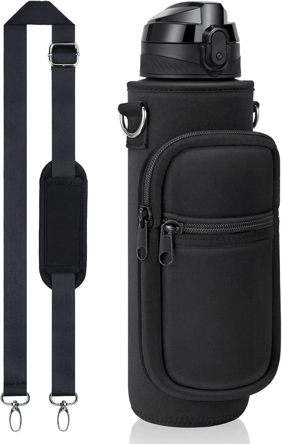 32 Oz Water Bottle with Sleeve - BPA Free Leakproof Sport Large 1L Plastic Motivational Water Bottle with Straw Strap & Insulated Neoprene Holder Carrier Bag 