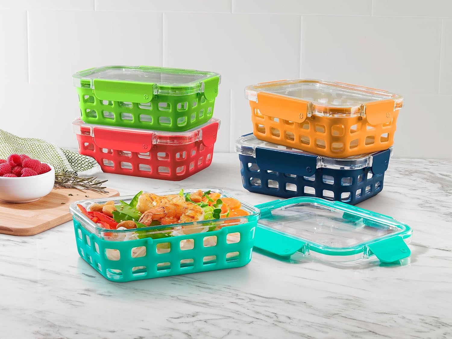 MEAL PREP PRO Duraglass 3.4 Cup Meal Prep Sets 10Pc | 5 Pack Set- Glass Food Storage Container with Silicone Sleeve and Airtight BPA-Free Plastic Lids | Dishwasher, Microwave, and Freezer Safe