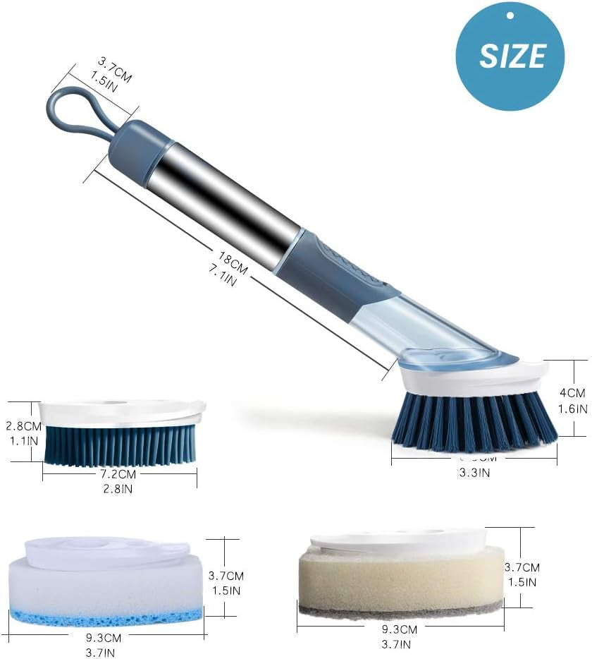 HABIT STACKING 101 Dispensing Kitchen And Bathroom Brush | Smart Kitchen & Shower Cleaner | 3 Replaceable Cleaning Heads | Soap Bristle Dishwashing Brush with Stainless Steel Handle
