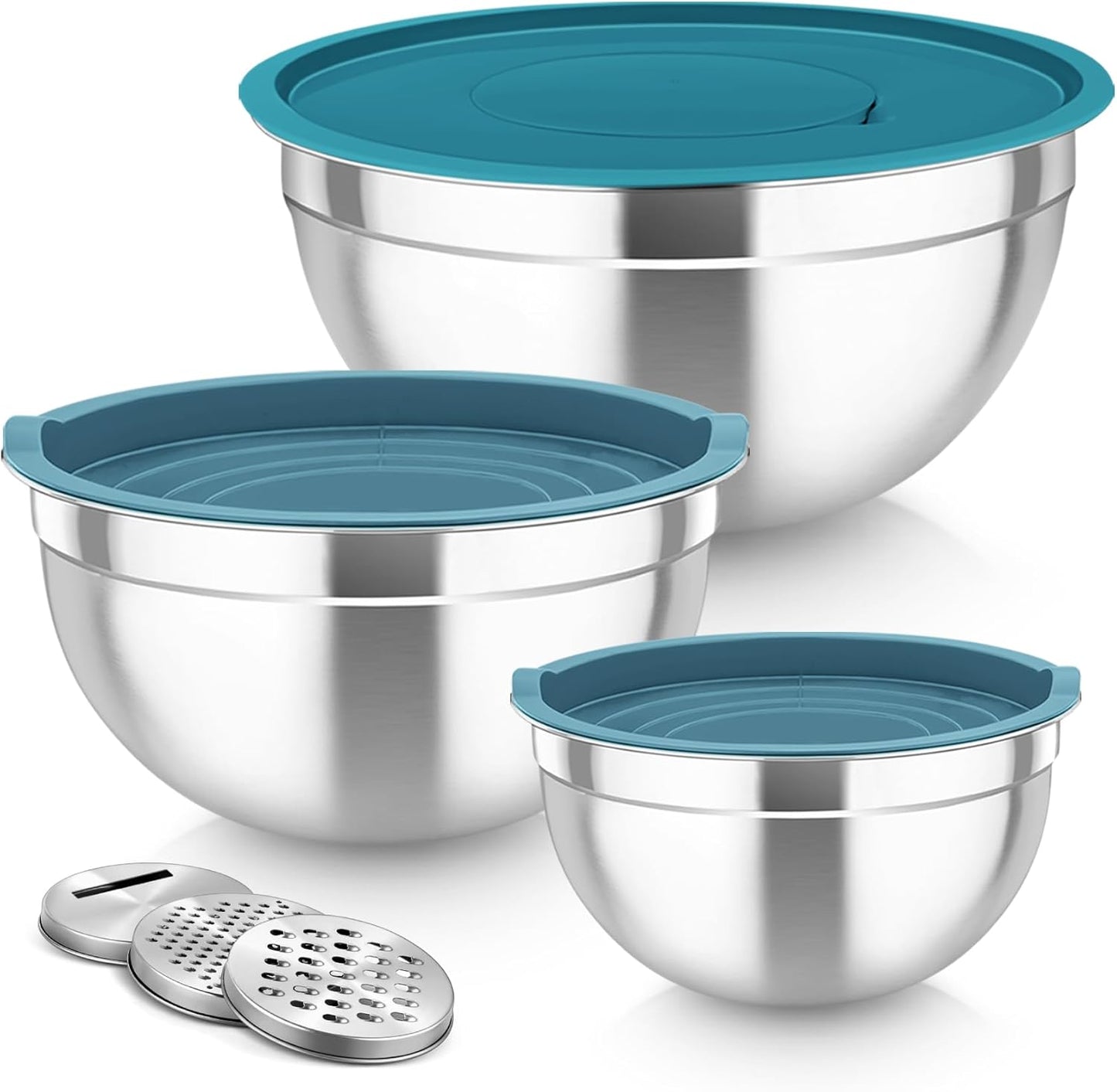 MEAL PREP PRO Mixing Bowls, Stainless Steel Nesting Salad Bowls with Lids Set of 3 & 3 Grater Attachments, for Mixing/Serving/Storing, Non-Toxic & Long-Lasting, Size 4.6/3 / 1.5 QT, Black