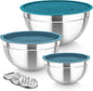 MEAL PREP PRO Mixing Bowls, Stainless Steel Nesting Salad Bowls with Lids Set of 3 & 3 Grater Attachments, for Mixing/Serving/Storing, Non-Toxic & Long-Lasting, Size 4.6/3 / 1.5 QT, Black
