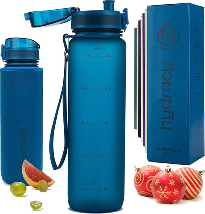 32oz Water Bottle with Time Marker -BPA Free & No Sweat Sleeve - Fruit Infuser Strainer & Times to Drink 
