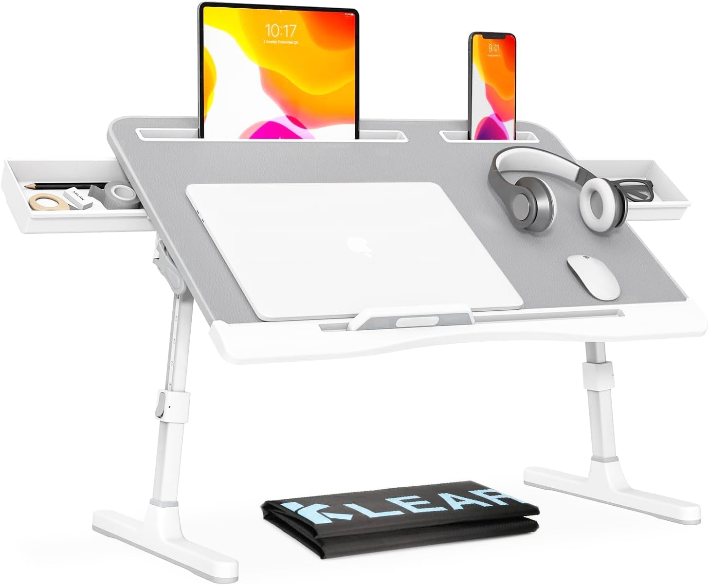 GET THAT POSTURE RIGHT [Luxury PVC Leather] Adjustable Laptop Desk for Bed | Foldable Lap Desk for Laptop with 2 Drawers | Multifunctional Laptop Stand Table for Working, Eating, Writing, Gaming, Drawing