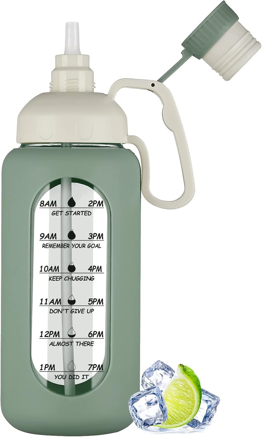 64Oz Motivational Glass Water Bottle with Time Marker, Straw, and Silicone Sleeves