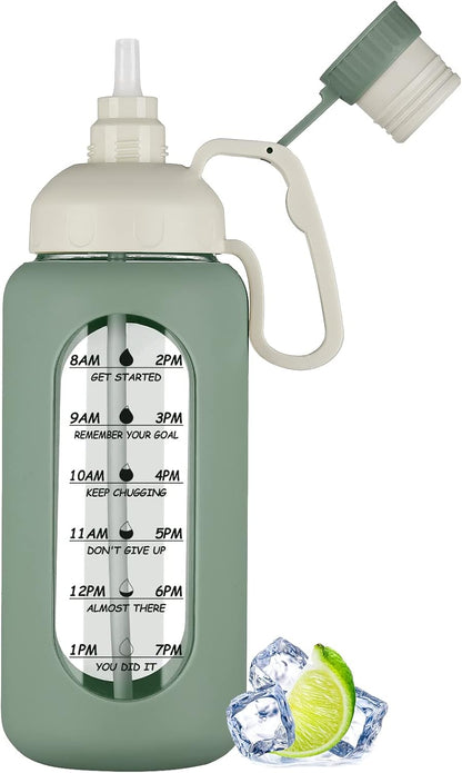 64Oz Motivational Glass Water Bottle with Time Marker, Straw, and Silicone Sleeves