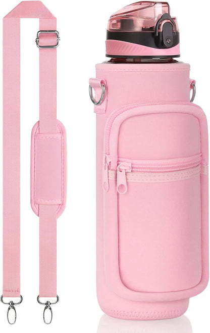 32 Oz Water Bottle with Sleeve - BPA Free Leakproof Sport Large 1L Plastic Motivational Water Bottle with Straw Strap & Insulated Neoprene Holder Carrier Bag 