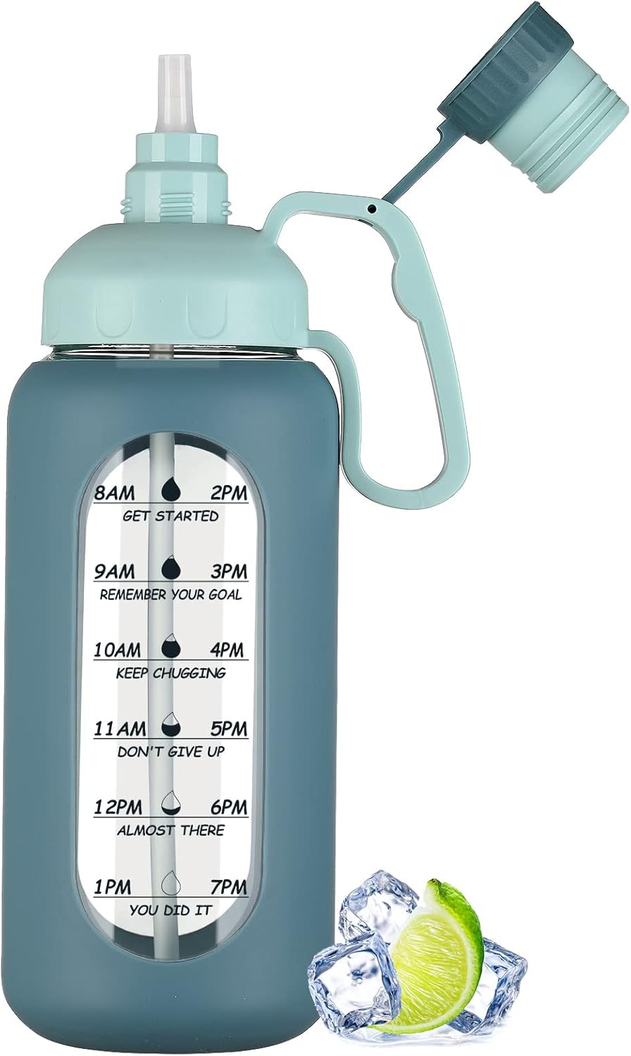 64Oz Motivational Glass Water Bottle with Time Marker, Straw, and Silicone Sleeves