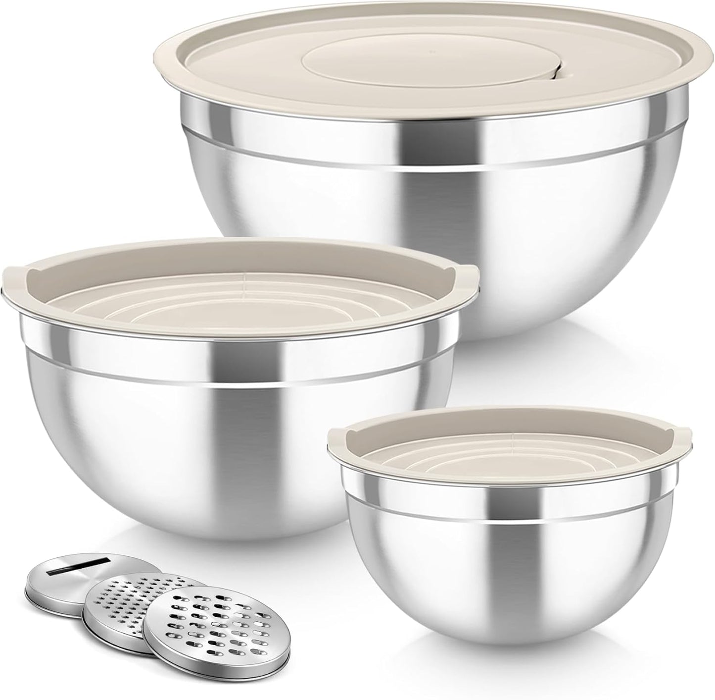 MEAL PREP PRO Mixing Bowls, Stainless Steel Nesting Salad Bowls with Lids Set of 3 & 3 Grater Attachments, for Mixing/Serving/Storing, Non-Toxic & Long-Lasting, Size 4.6/3 / 1.5 QT, Black